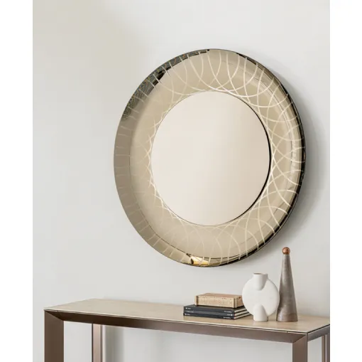 Specchio Vanity con cornice in cristallo specchiante bronzato in fusione con incisioni di Riflessi