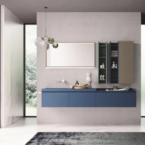 Mobile da Bagno sospeso in laccato opaco blu oltremare, verderame e tortora Calix XL 02 di Novello