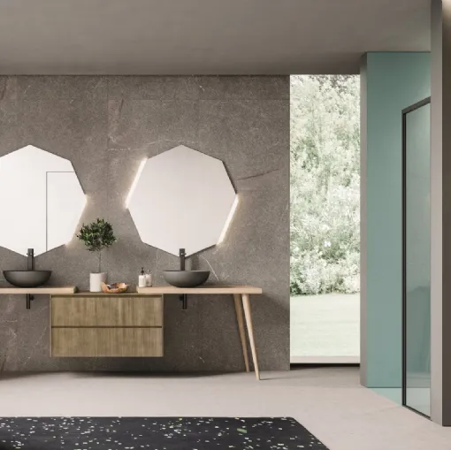 Mobile da Bagno a terra in rovere nodato naturale e laccato metal ottone con lavelli in ceramica Calix XL 03 di Novello