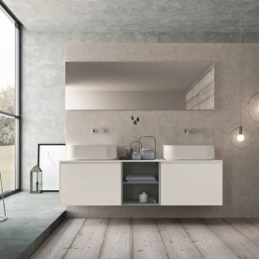 Mobile da Bagno sospeso in HPL bianco e laccato azzurro con top bianco opaco con doppio lavabo Calix XL 05 di Novello
