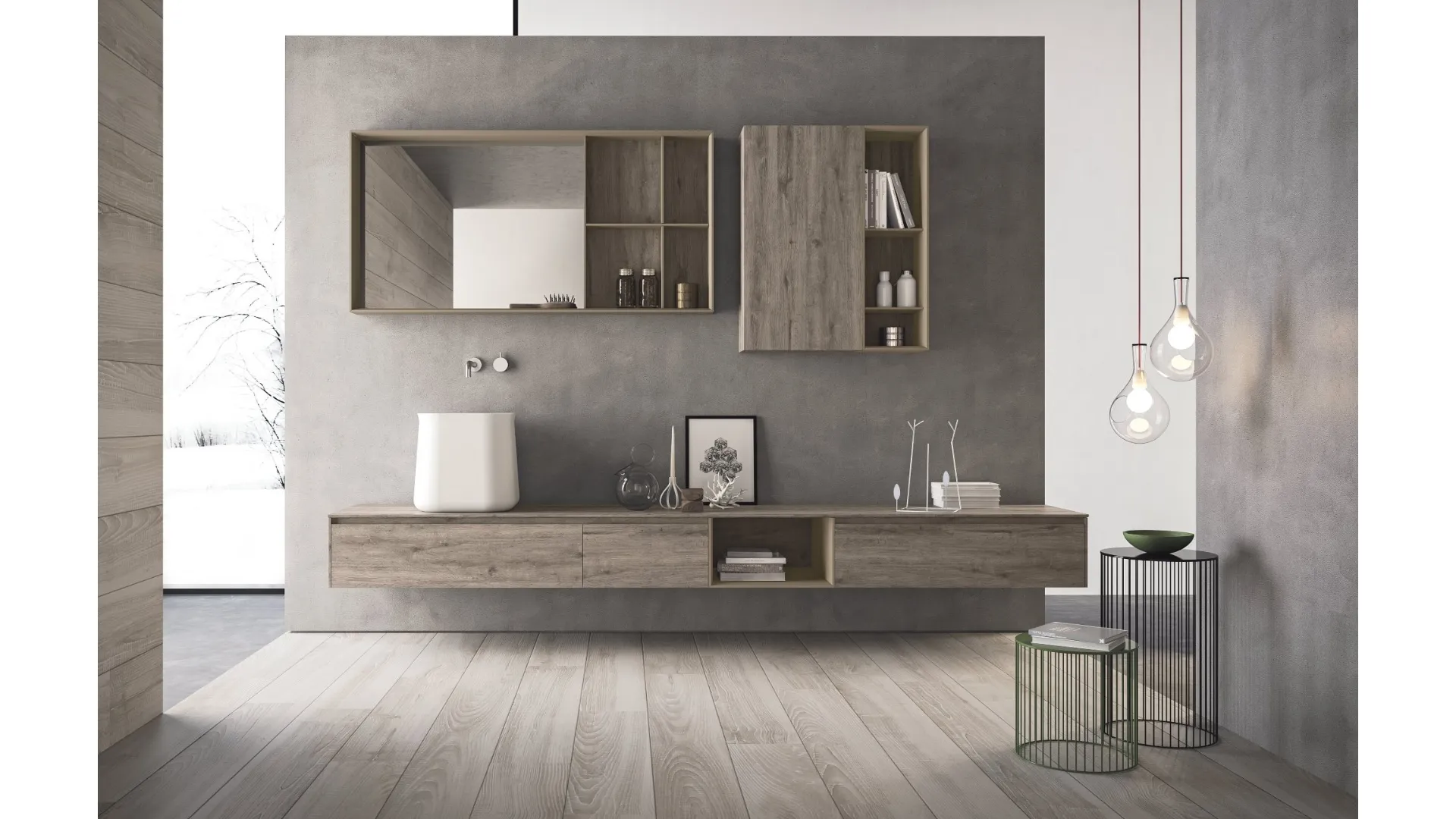 Mobile da Bagno in HPL rovere barrique e laccato canapa opaco con lavabo in teknorit bianco opaco Calix XL 08 di Novello