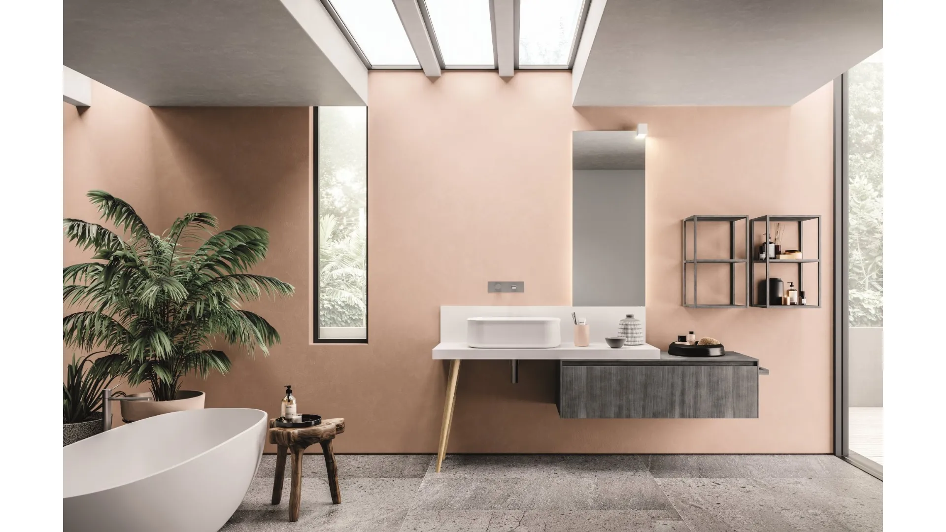 Mobile da Bagno in laccato metal acciaio, top in teknorit laccato bianco e gamba in rovere nodato naturale Calix XL 10 di Novello