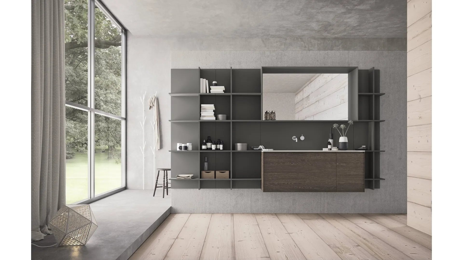 Mobile da Bagno sospeso in HPL rovere bruciato e laccato grigio scuro opaco Calix XL 12 di Novello