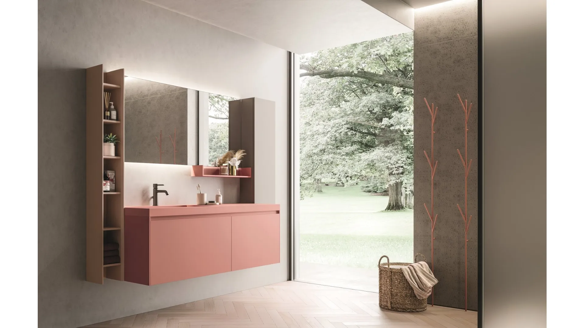 Mobile da Bagno sospeso in laccato rosa corallo opaco con top in teknorit dello stesso colore Calix XL 14 di Novello