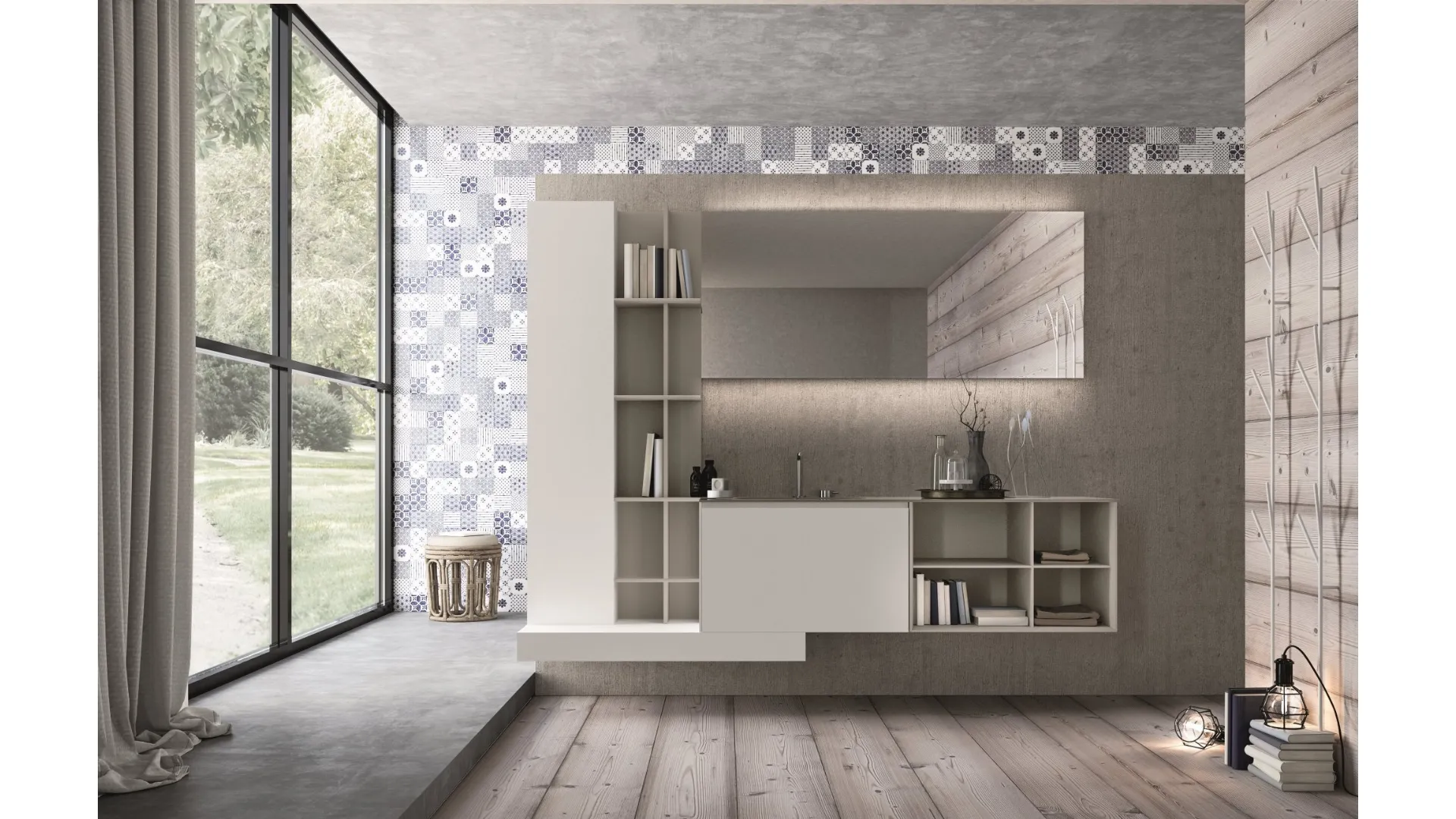 Mobile da Bagno sospeso in HPL bianco stone e laccato grigio con top in cristallo grigio chiaro lucido Calix XL 15 di Novello