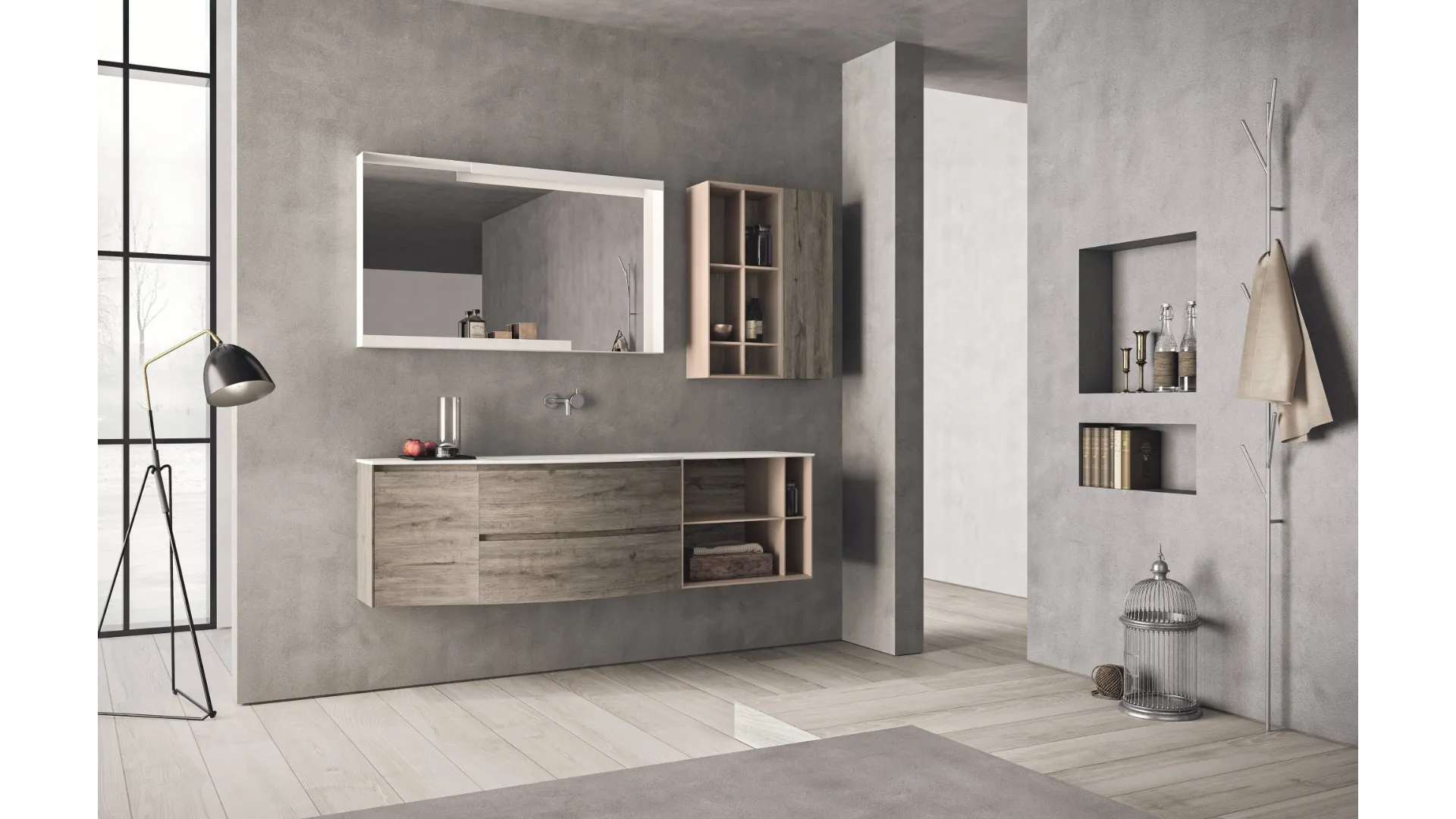 Mobile da Bagno sospeso con frontali curvi in HPL rovere barrique e laccato corda opaco Calix XL 16 di Novello