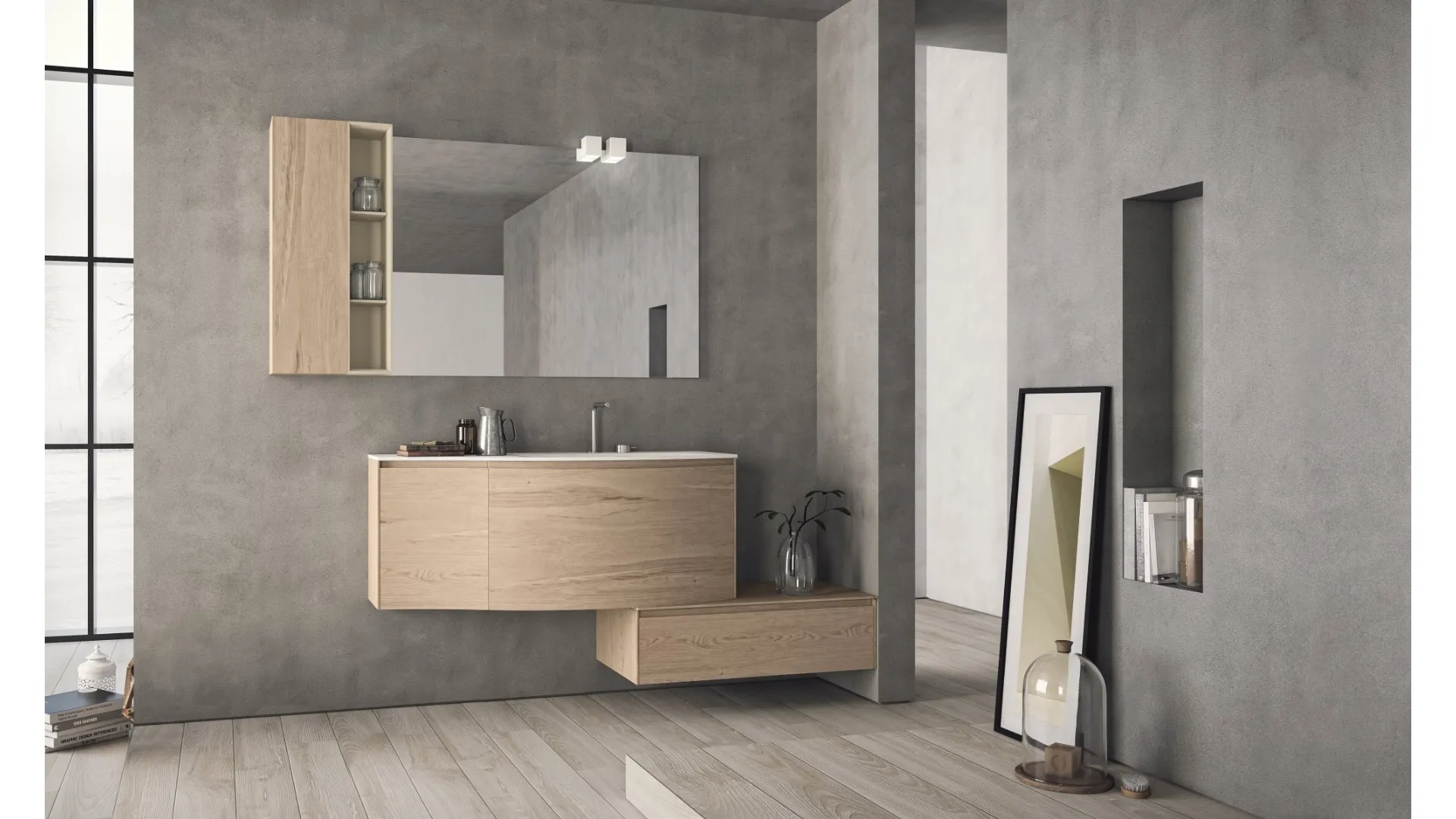 Mobile da Bagno sospeso con frontali curvi in HPL unicolor rovere naturale e lavabo integrato in teknorit bianco opaco Calix XL 17 di Novello