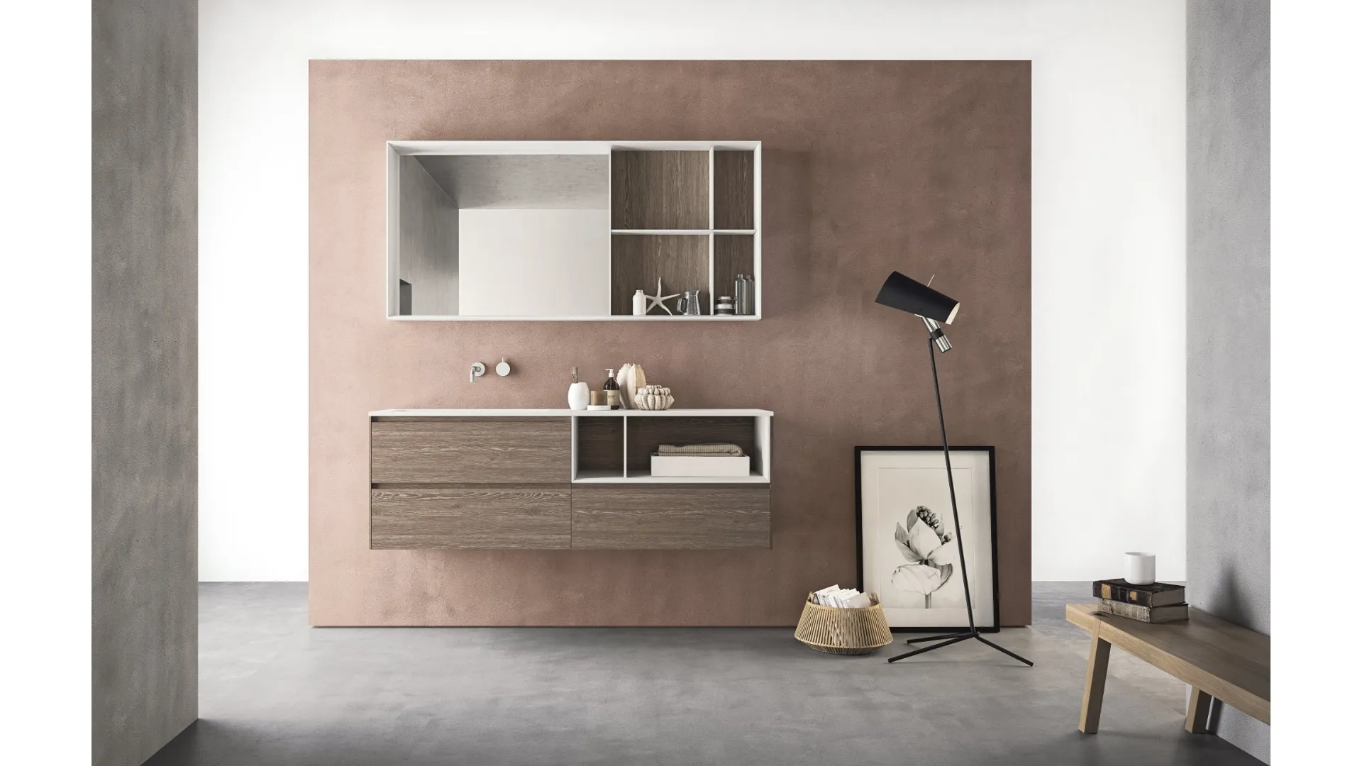 Mobile da Bagno sospeso in HPL unicolor rovere tabacco e lavabo integrato in Teknorit bianco opaco Calix XL 19 di Novello