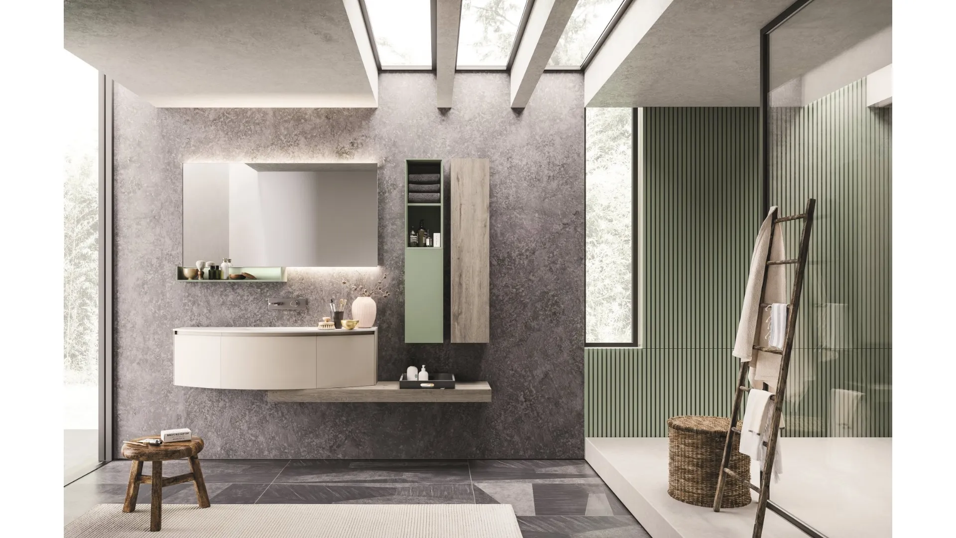 Mobile da Bagno sospeso con frontali curvi laccati seta opaco e HPL rovere barrique Calix XL 20 di Novello