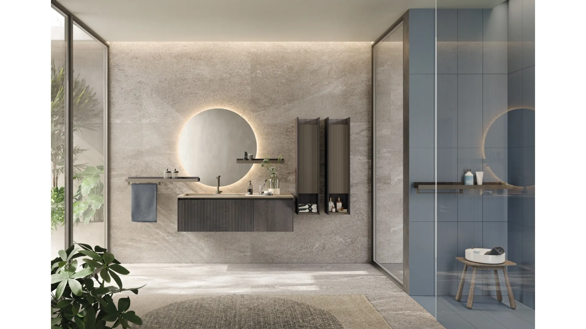 Mobile da Bagno sospeso in rovere fumo con top in laminam D'Art 04 di Novello