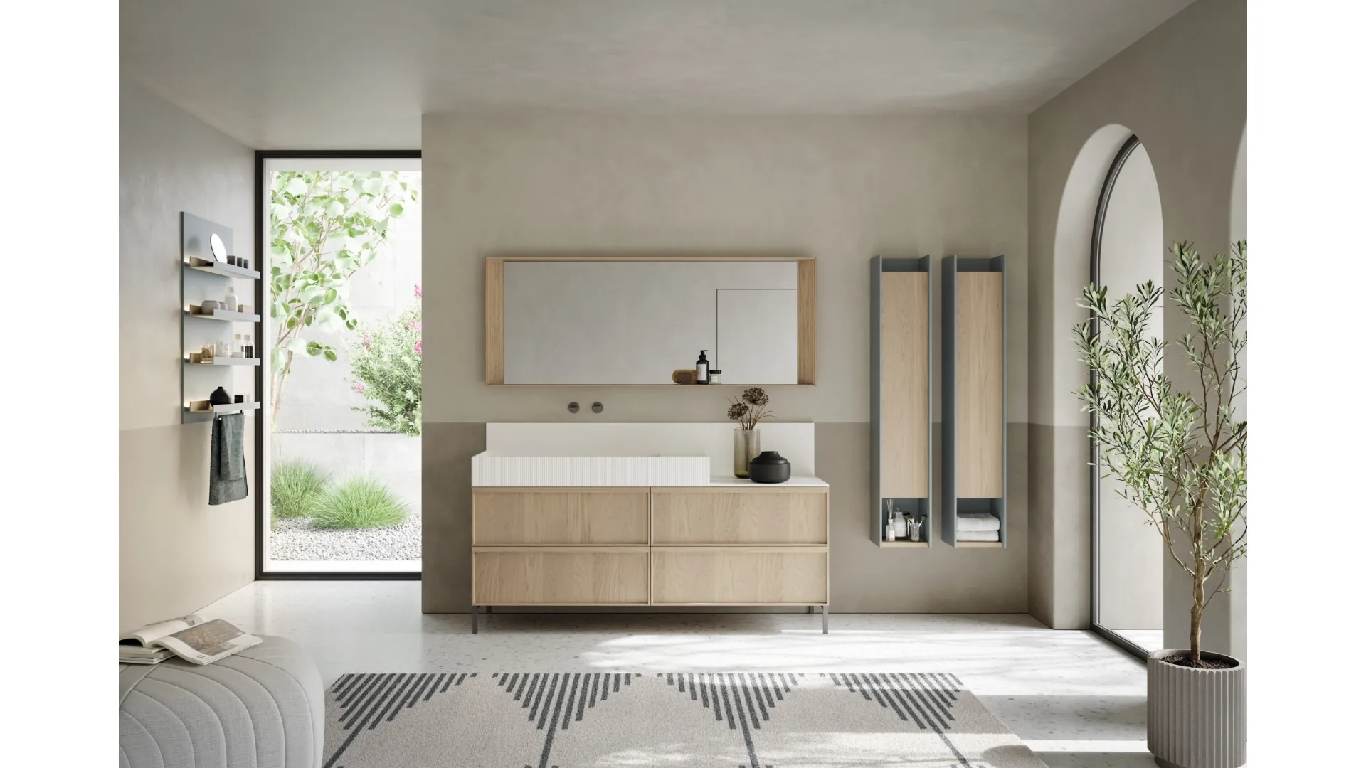 Mobile da Bagno a terra con ante in rovere con frontale plissè e alzatina in teknorit bianco opaco D'Art 06 di Novello