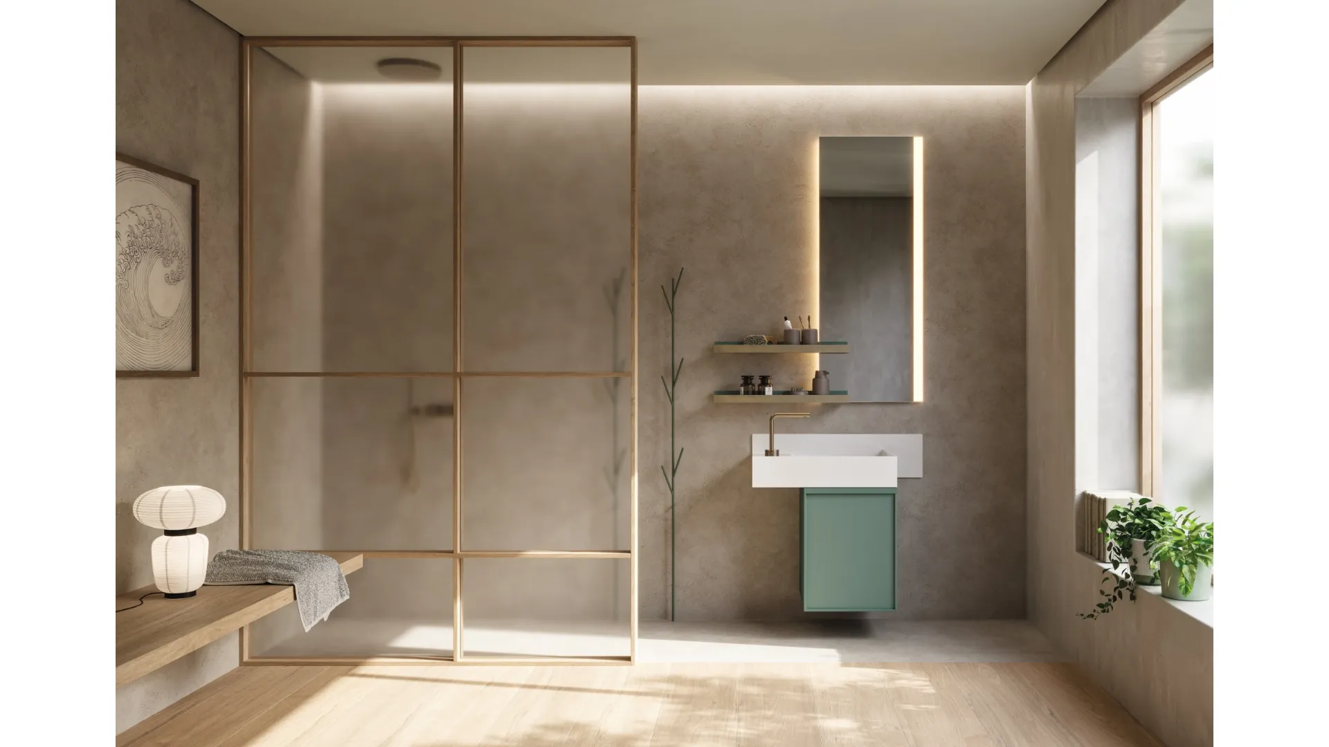 Mobile da Bagno sospeso in laccato opaco verderame e ottone D'Art 14 di Novello