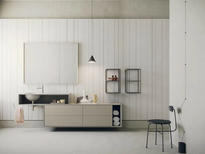 Mobile da Bagno sospeso in laccato grigio seta e piano con lavabo integrato in cemento grigio chiaro Libera+ 02 di Novello