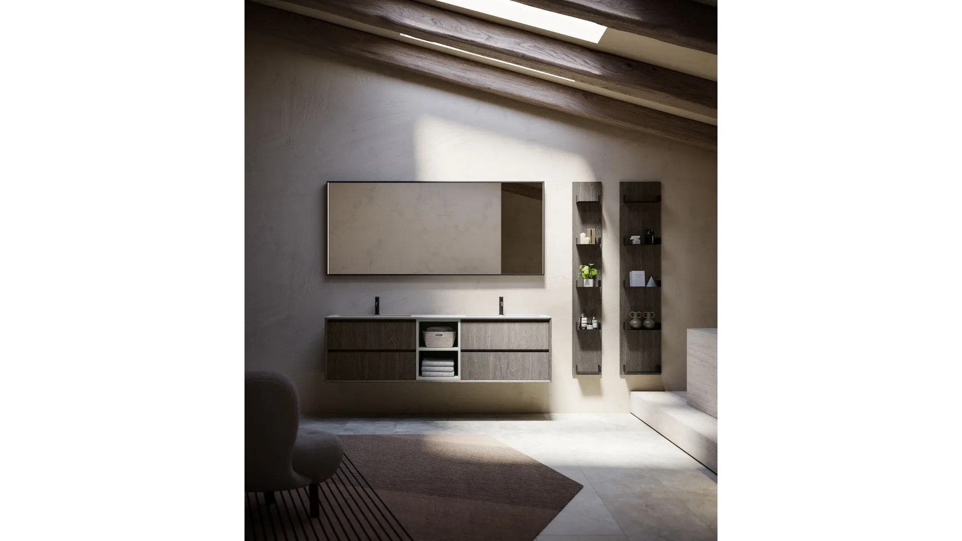 Mobile da Bagno sospeso in legno Rovere Cemento Modula 08 di Puntotre