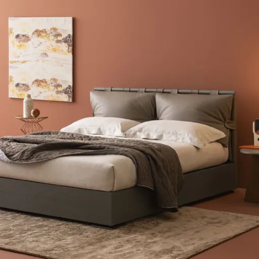 Letto con box contenitore Dual Legno con testiera in pelle di Oggioni