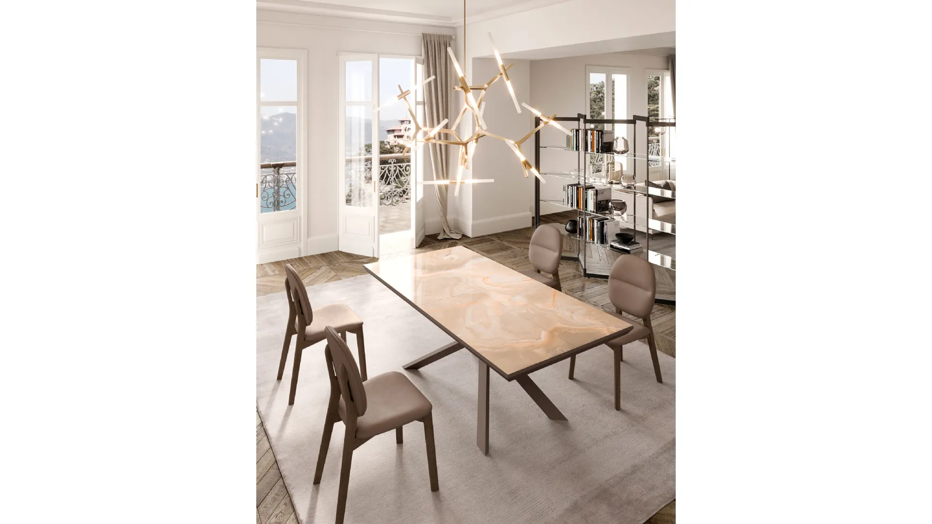 Tavolo allungabile e allargabile 4x4 in Marble Glass di Ozzio