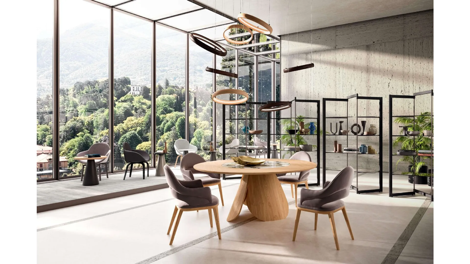 Tavolo rotondo allungabile in legno Veliero con vassoio girevole Lazy Susan in ceramica incassato nel piano di Ozzio