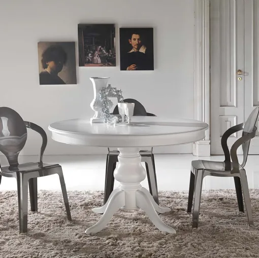 Tavolo rotondo allungabile Re-Style impiallacciato tanganika in tinta con base in Faggio massello laccato bianco uniforme di La Seggiola