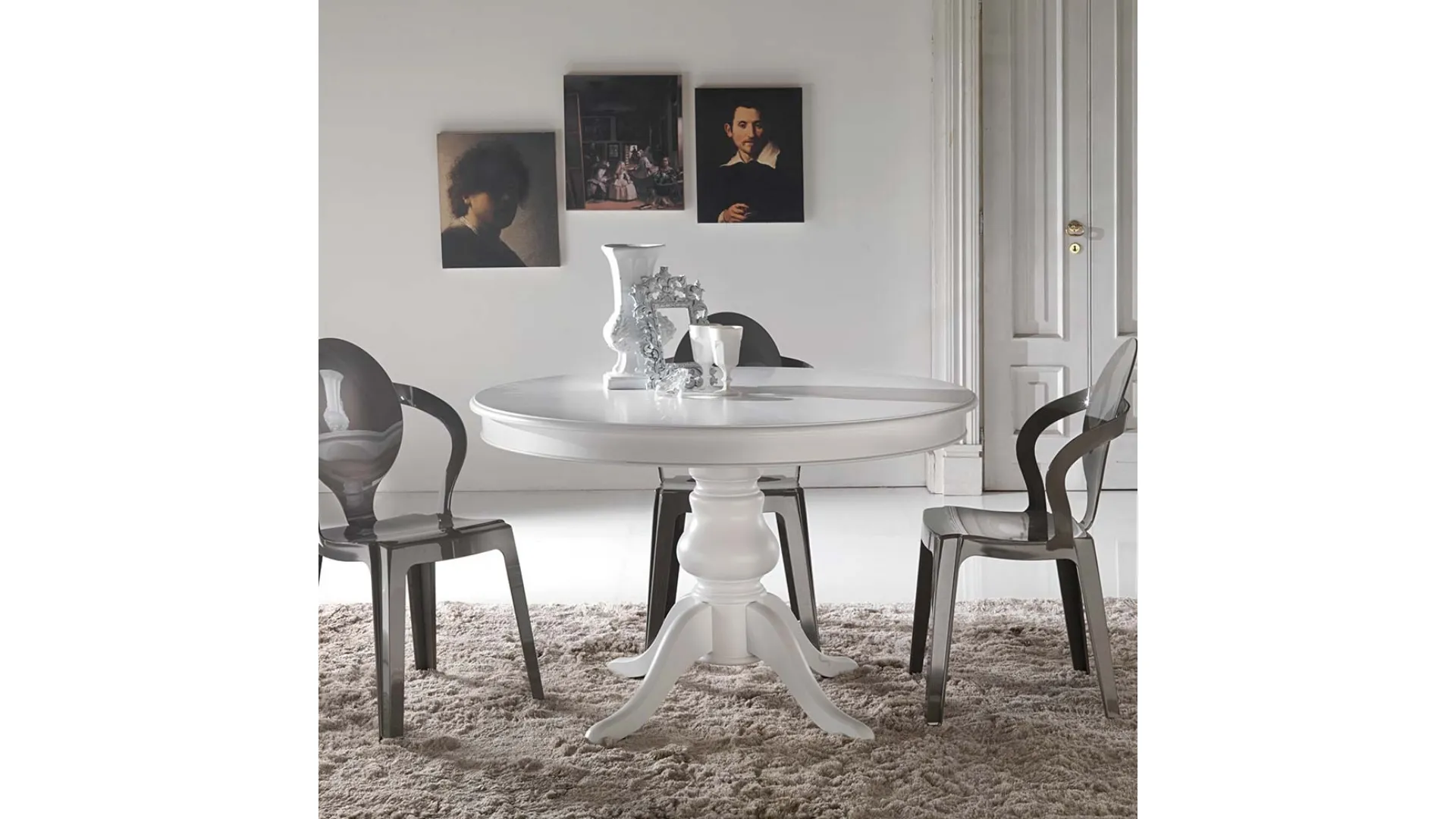 Tavolo rotondo allungabile Re-Style impiallacciato tanganika in tinta con base in Faggio massello laccato bianco uniforme di La Seggiola