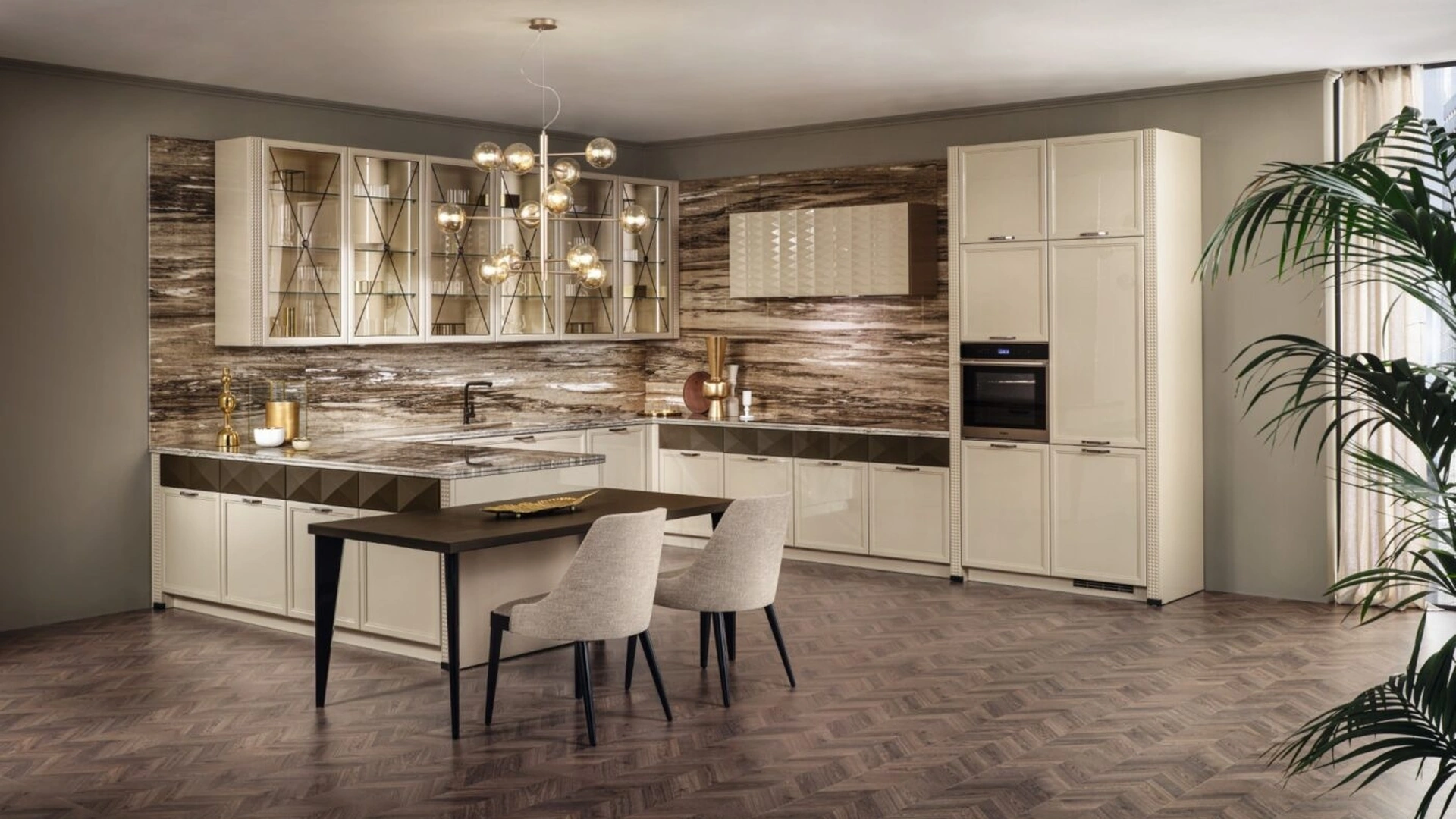Cucina Classica Luxury Glam laccata lucida con penisola di Aster Cucine
