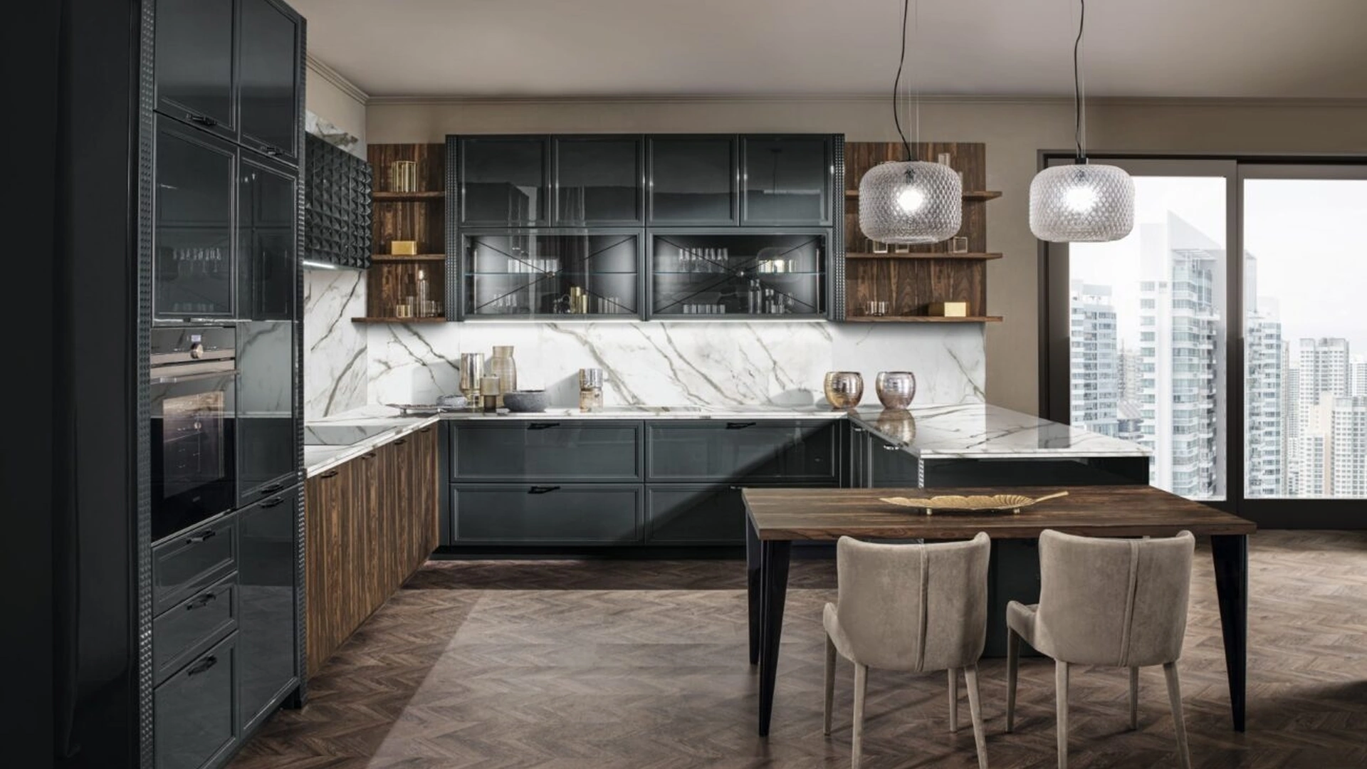 Cucina Classica Luxury Glam laccata lucida con penisola di Aster Cucine