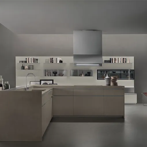 Cucina Design con isola ad angolo Icon 02 in gres porcellanato e rovere quercus di Ernestomeda