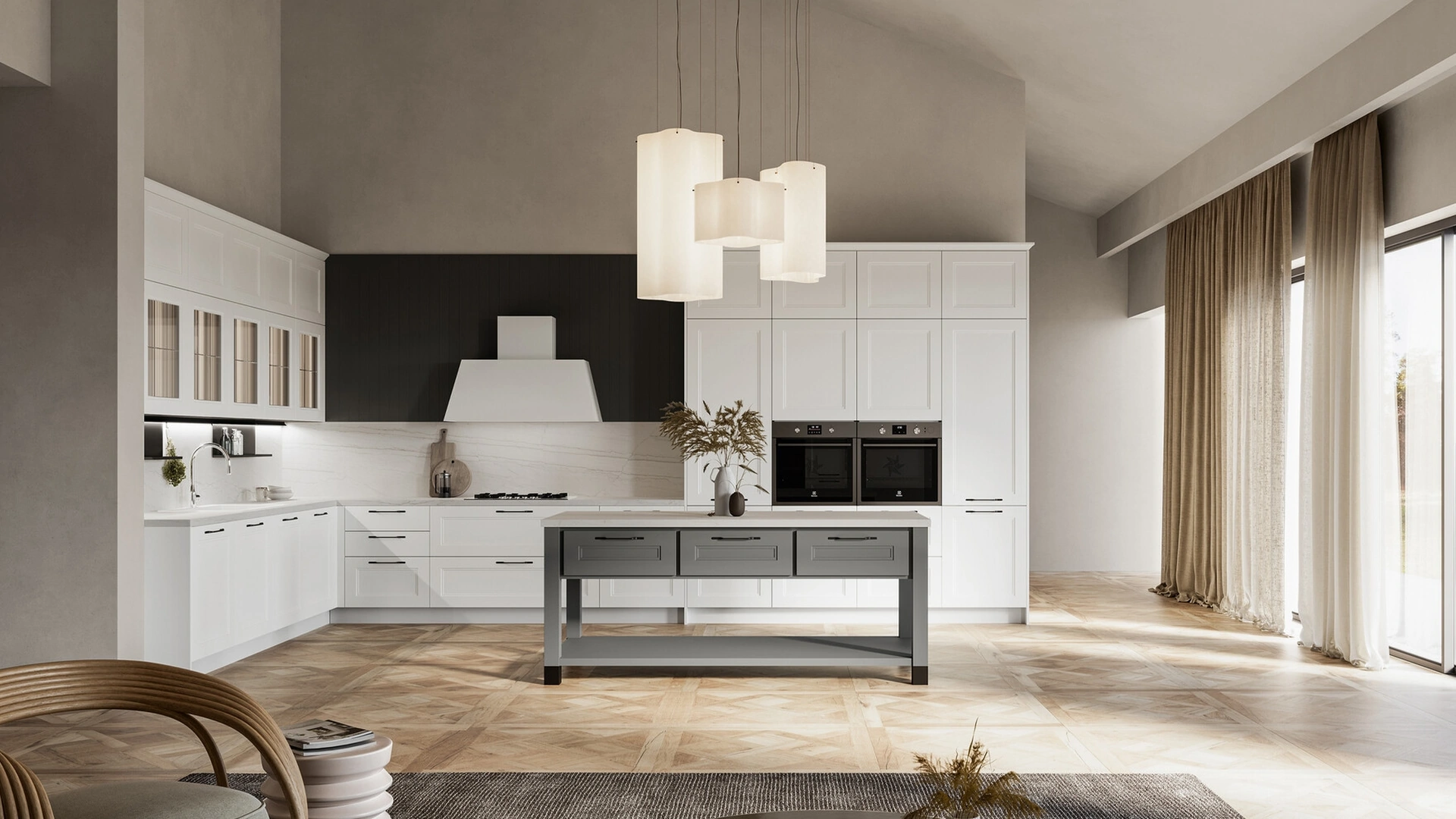 Cucina Moderna angolare Meg 03 in polimerico bianco e laccato fossile di Arredo3